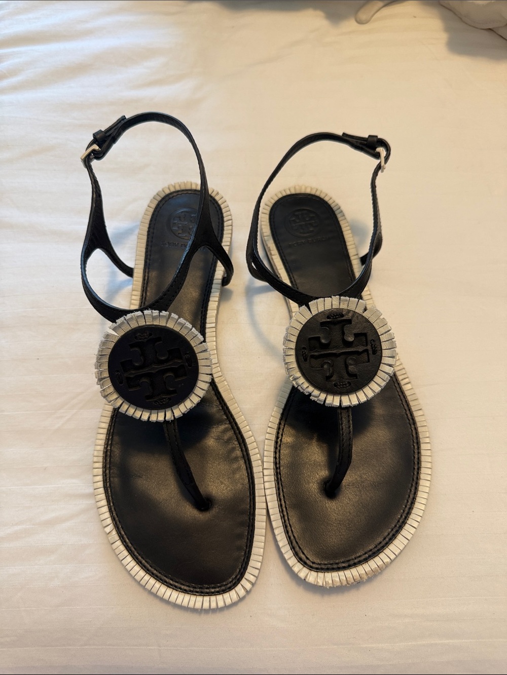 Tory Burch Miller Fringe Black Ivory Leather Sandals